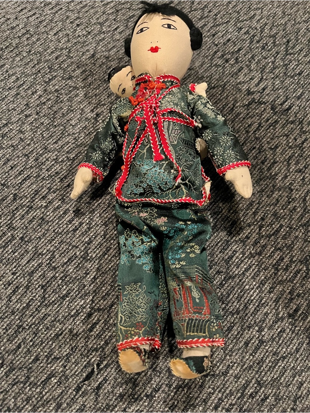 Vintage Green Fabric Doll with Red Trim - Vintage